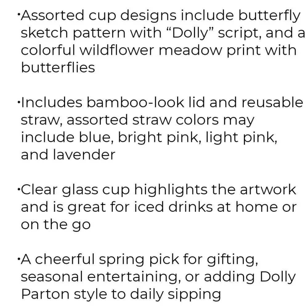 Dolly Parton Script‎ Butterfly Glass Jar w/Straw- Pink